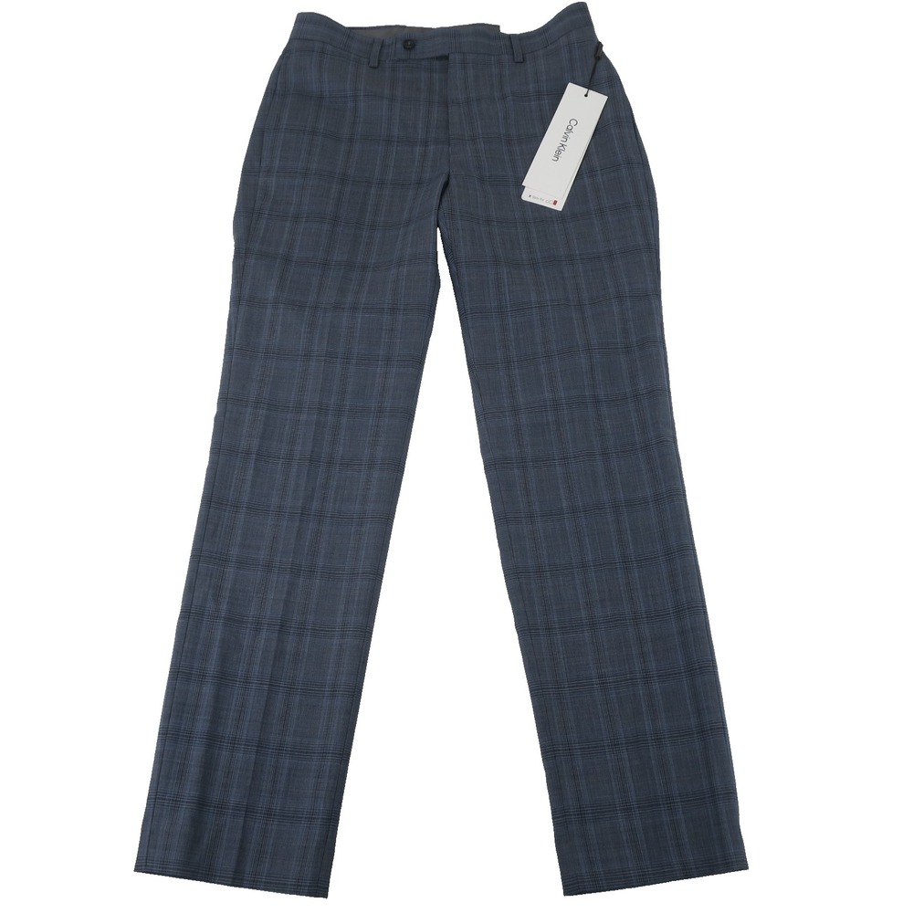 Calvin Klein Jerome Dress Pants Slacks Mens 30X30 Slim Blue Grey Plaid Wool $190